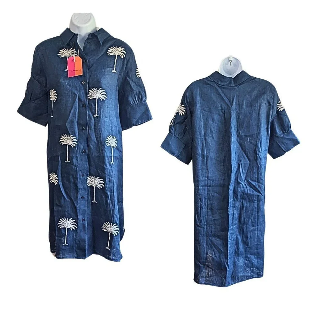 NWT VILAGALLO Hester Palm Tree Embroidered 100% Linen Shirt Dress Size 42/8